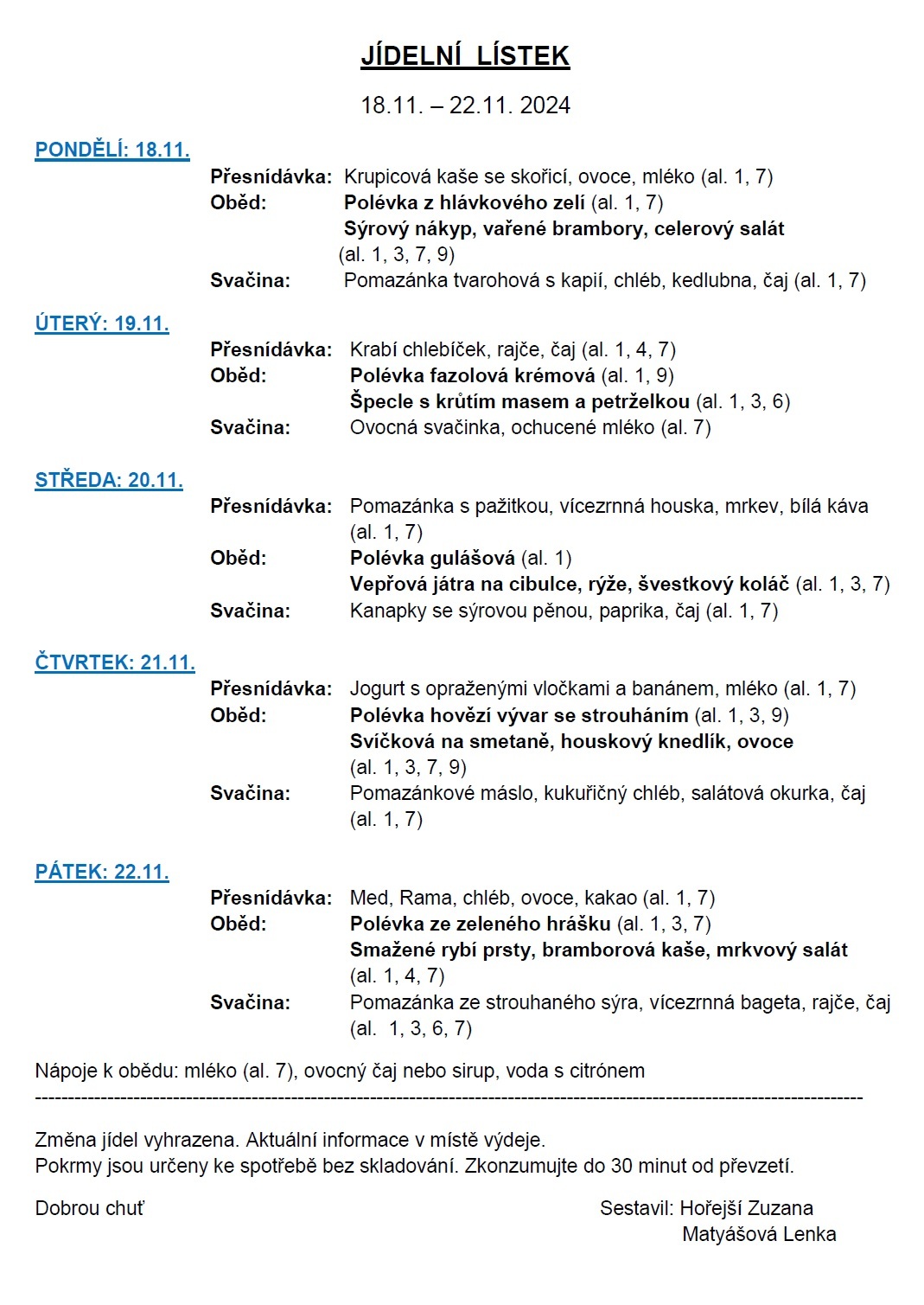 Jídelní lístek 18.11.-22.11.2024