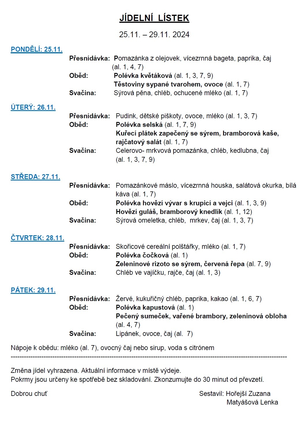 Jídelní lístek 25.11.-29.11.2024